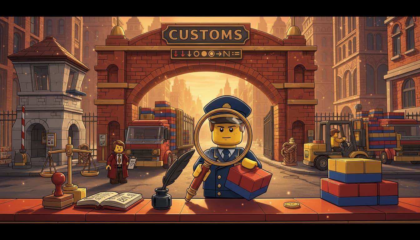 A LEGO minifigure customs officer inspects a sealed LEGO box at a brick-built customs checkpoint, ticker showing tariffs at 10% — the customs corner of the BrickPicker financial city.